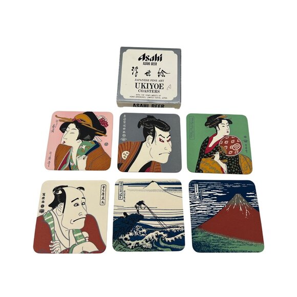 Vintage Asahi Beer Ukiyoe Coasters Set of 6 w/ Box Japan Advertising - Picture 1 of 8